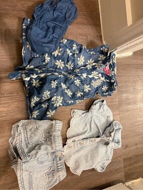 Blue Floral Denim Baby Romper + Striped Outfit Set- 12 month